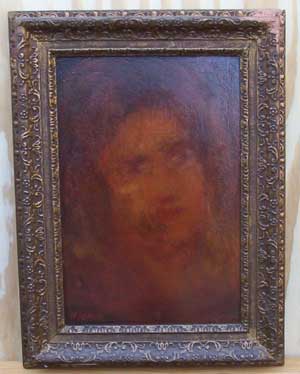 [a reddish painting of a woman's face, indistinct]
