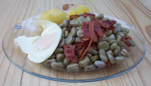 [a meal of fava beans with bacon, potatoes and a fried egg]
